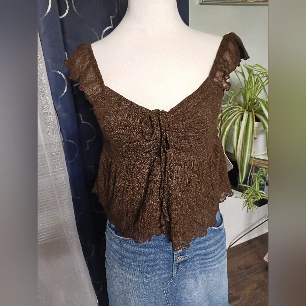 Ruffled Tie-Front Brown Smocked Cami Top